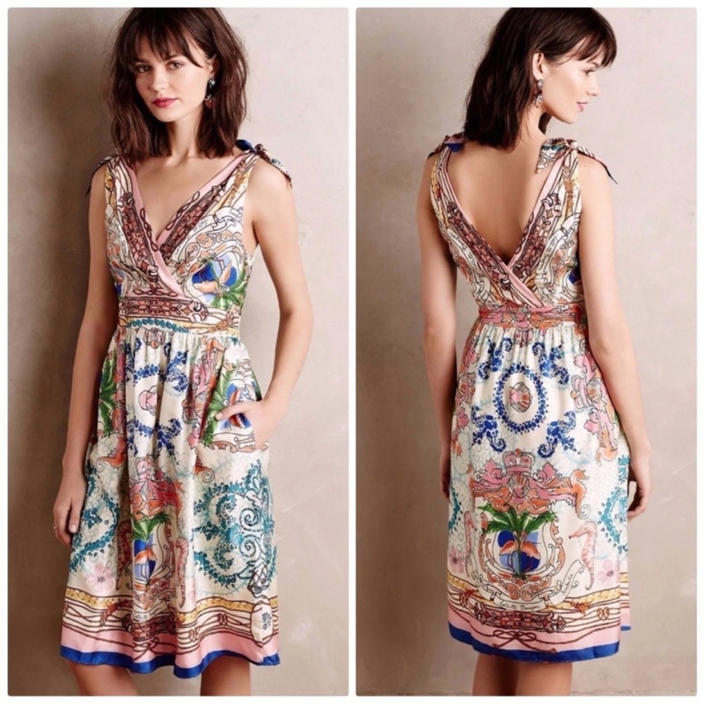 Anthropologie Collette Dinnigan Tied Acionna Silk Art Dress 10 Tropical Event
